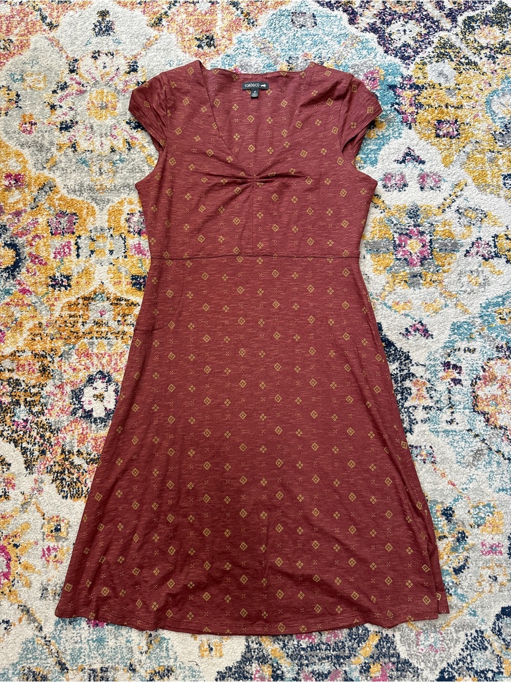 Toad&Co Rosemarie Dress Medium Geometric Print Cap Sleeve Organic Cotton V Neck